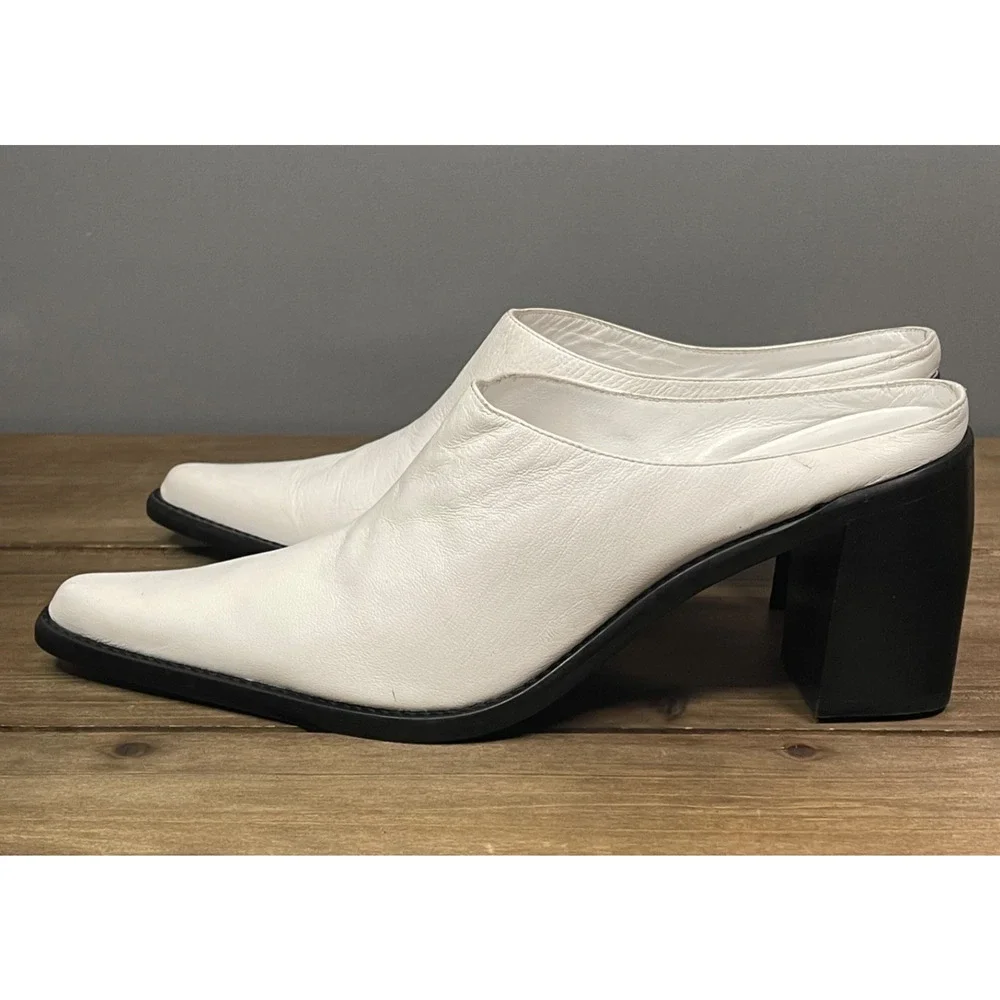 BY FAR Women's Block Heel Mule Clog Size 39 White Nappa Leather Pointed Toe - Picture 5 of 16